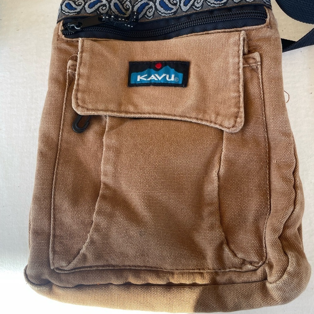 KAVU Tan Crossbody Bag with Patterned Trim